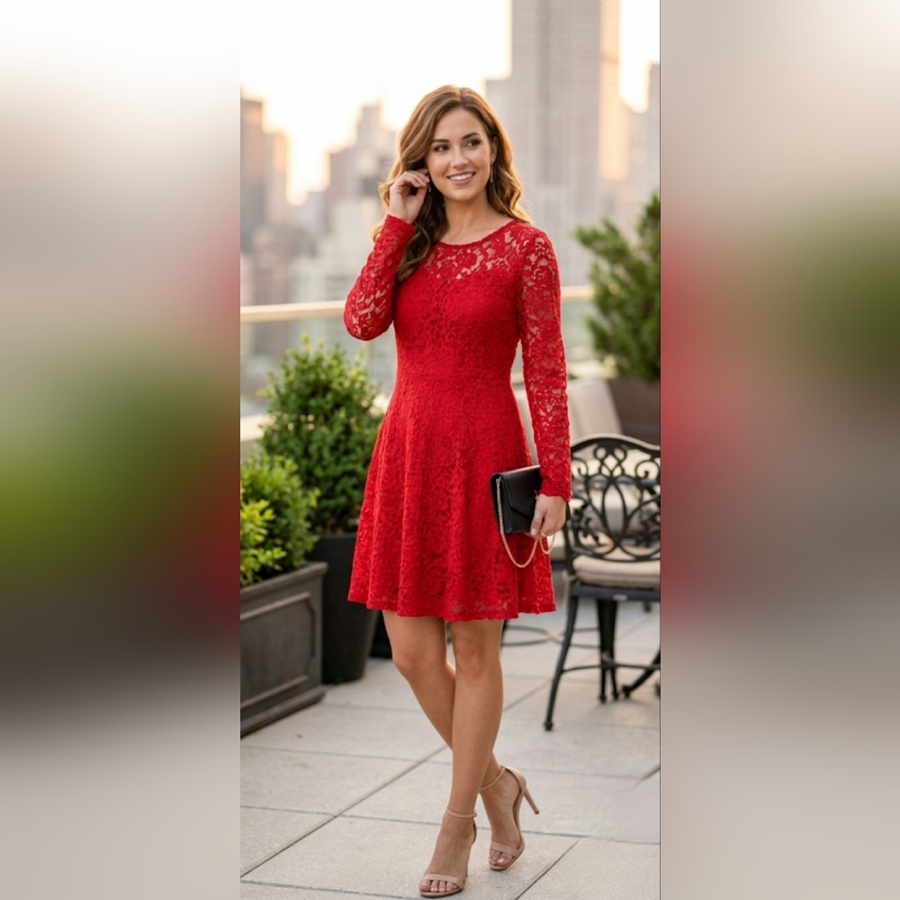 🌹 Lily Morgan Red Floral Lace Cocktail Dress - Size L